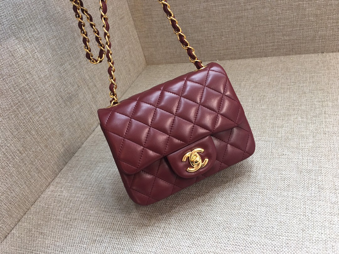 Mini Classic Flap Lambskin Bag A01115 Purplish Red/Gold